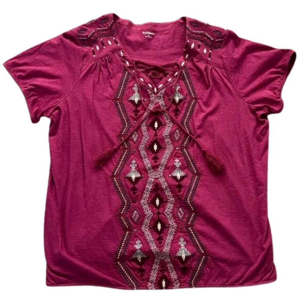 Womens Short Sleeve Embroidered Tee - Berry Pink